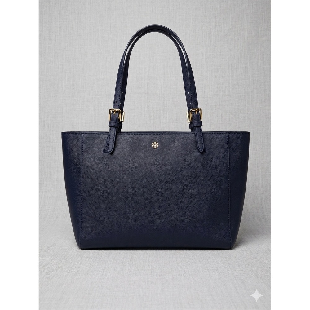 Flawed Gem! Tory Burch York Buckle Tote Navy Blue Saffiano Leather Bag‎ Carryall